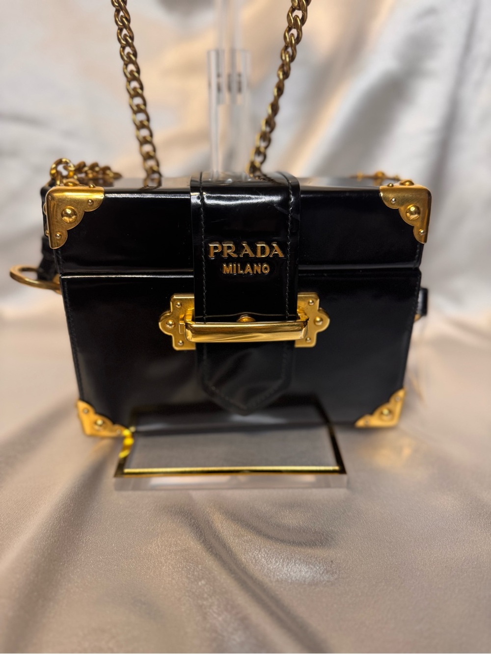 Prada Black Patent  Trunk Bag with Gold Hardware